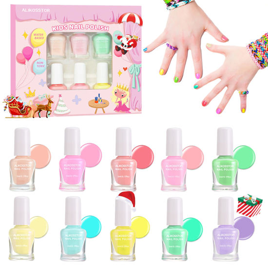 Picture of ALIKOSSTOR Kids Nail Polish - Non-Toxic Nail Polish Set for Girls, 10 Pastel Macaron Colors Quick Dry Peel Off Water Based Nail Polish Toys Kit for Toddler Teen
