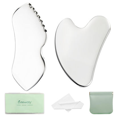 Picture of LeMeeOly 2Pcs Gua Sha Facial Tools Stainless Steel, Detailer GuaSha Set for Face Neck, Natural Skin Care Metal Gua Sha Lymphatic Drainage Face Massage Tool, Gift for Women