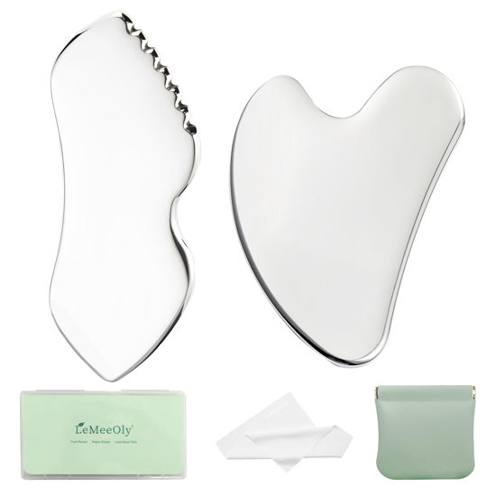 Picture of LeMeeOly 2Pcs Gua Sha Facial Tools Stainless Steel, Detailer GuaSha Set for Face Neck, Natural Skin Care Metal Gua Sha Lymphatic Drainage Face Massage Tool, Gift for Women