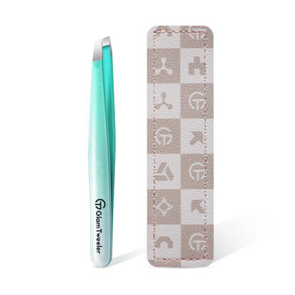 Picture of Expert Slant Tip Tweezers with Leather Case, GlamTweeler Sharp & Precision Stainless Steel Tweezer for Eyebrows, Facial Hair and Fine Hairs Removal (Sparkle Mint Green & Silver)