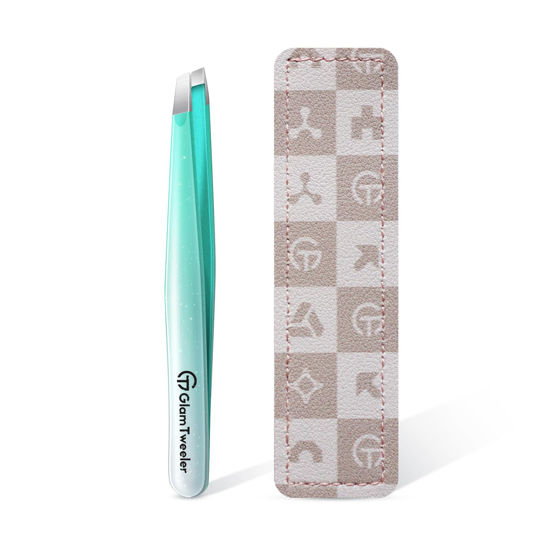 Picture of Expert Slant Tip Tweezers with Leather Case, GlamTweeler Sharp & Precision Stainless Steel Tweezer for Eyebrows, Facial Hair and Fine Hairs Removal (Sparkle Mint Green & Silver)