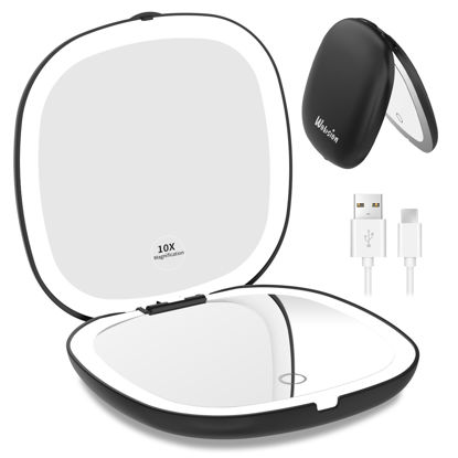 Picture of wobsion Lighted Makeup Mirror with Magnification,Rechargeable 1x/10x Travel Mirror,Portable Comapct Folding Mirror for Bag,Gift,Black