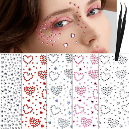 Picture of YGDZ Face Gems 5 Sheets Hair Gems, Self Adhesive Face Jewels Stickers, Heart Festival Face Gems Stick on, Valentines Rhinestone for Face, Eye, Makeup, Rave Accessories for Kids, Women