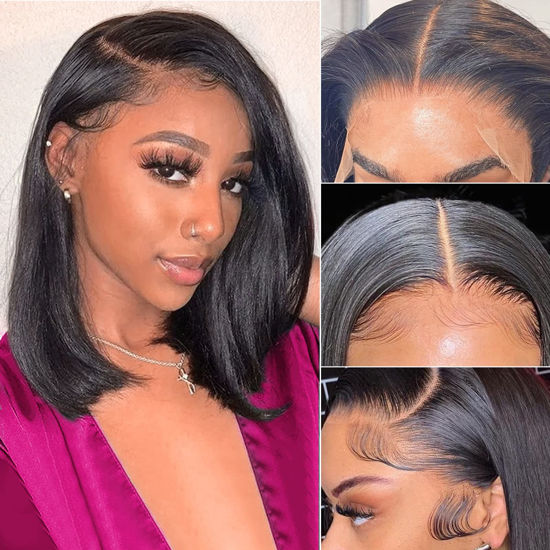 Picture of Hoacon 14inch Bob Wig Human Hair 13x4 Bob Lace Front Wigs for Black Women 180% Density Straight Bob Wig HD Transparent Lace Frontal Bob Wigs Glueless Wig Pre Plucked precut Natural Hairline