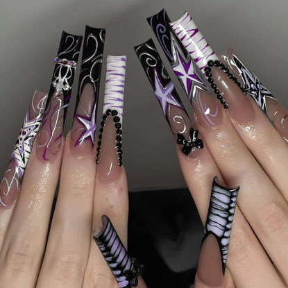 Picture of RUOKEXIN Extra Long Press on Nails Black French Tip Fake Nails Square False Nails with Bow Rhinestones Designs Extra Long Square Nail Press ons Sparkly Glue on Nails Cute Stick on Nails for Women