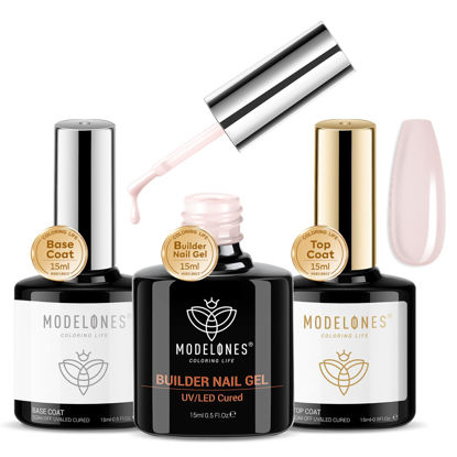 Picture of modelones Builder Nail Gel with Gel Base and Top Coat, Nude Pink Color Builder Nail Kit for Apex Building Nail Thickening Nail Extension, LED Nail Lamp Cured Hard Gel Color Base Gel