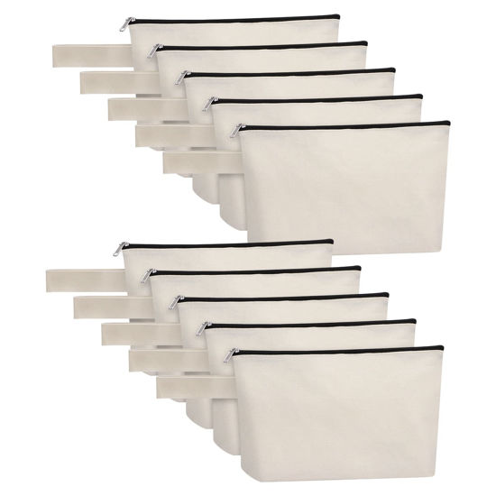 Picture of Sinzip 10 Pieces Cotton Canvas Makeup Bag with Bottom and Strap, Multi-Purpose Cosmetic Bag with Zipper Travel Toiletry Pouch, Blank DIY Craft Bag Pencil Bag (White, XS) (MN-WB07)