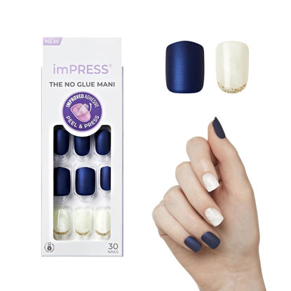 Picture of KISS imPRESS No Glue Mani Press On Nails, Design, 'Chasing Stars', Blue, Short Size, Squoval Shape, Includes 30 Nails, Prep Pad, Instructions Sheet, 1 Manicure Stick, 1 Mini File