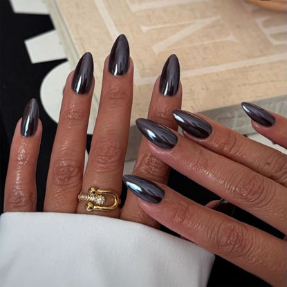 Picture of Black Press on Nails Almond Fake Nails Medium False Nails with Chrome Design Glue on Nails Solid Color Acrylic Nails Glossy Full Cover Stick on Nails Reusable Artificial Nails for Women Manicure 24Pcs