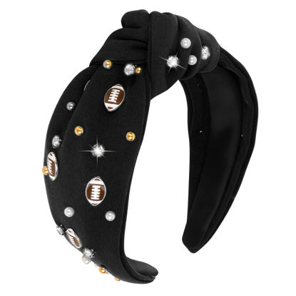 Picture of YARIEW Football Headband for Women Pearl Rhinestone Jeweled Knotted Headband Top Knot Headband for Women Football Accessories Sports Fan Mom Gifts (Black)…