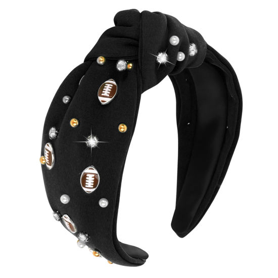 Picture of YARIEW Football Headband for Women Pearl Rhinestone Jeweled Knotted Headband Top Knot Headband for Women Football Accessories Sports Fan Mom Gifts (Black)…
