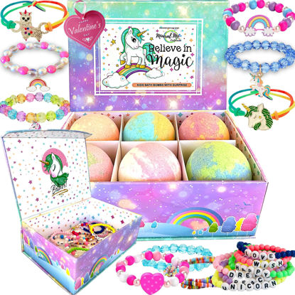 Picture of Unicorn Love Bath Bombs for Girls with Jewelry Inside + Free Jewelry Box - Organic, Skin Moisturizing, Natural Bubble Bath Bombs with Surprise Inside, Valentine's Day Gifts for Kids, Tween Girls