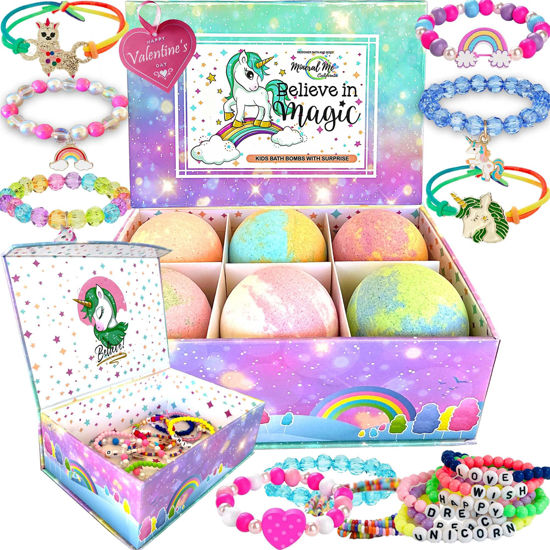 Picture of Unicorn Love Bath Bombs for Girls with Jewelry Inside + Free Jewelry Box - Organic, Skin Moisturizing, Natural Bubble Bath Bombs with Surprise Inside, Valentine's Day Gifts for Kids, Tween Girls