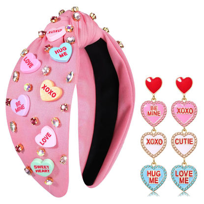Picture of Valentine’s Day Headband for Women Love XOXO Heart Headbands Jeweled Conversation Heart Knotted Headband Pink Red Rhinestone Crystal Top Knot Headband Valentine’s Day Accessories Gifts (Pink Set 1)