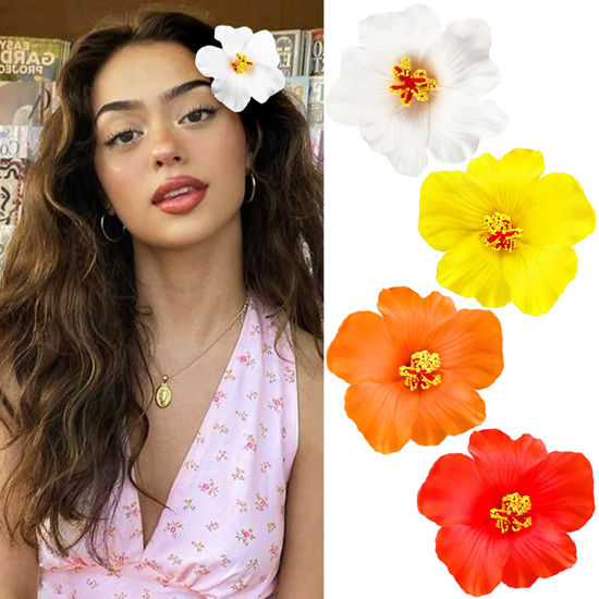 Picture of 4Pcs Hawaiian Flower Hair Clips for Women,Plumeria Hibiscus Hair Clips Rose Hair Barrettes 3.5 Inch Artificial Flower Clips,Hair Accessories for Vacation Beach Party, Boho Clips for Girls Wedding