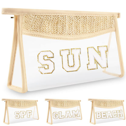 Picture of Boho Clear Makeup Letter Patch Makeup Bag SUN Pouch, Clear Toiletry Bags Travel Small Cute Chenille Letter Cosmetic Zipper Pouch Purse, Transparent Waterproof Makeup Organizer Bag for Women Girls(SUN)