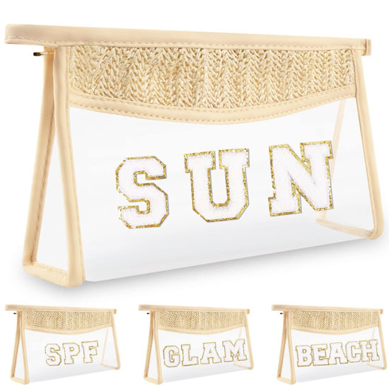 Picture of Boho Clear Makeup Letter Patch Makeup Bag SUN Pouch, Clear Toiletry Bags Travel Small Cute Chenille Letter Cosmetic Zipper Pouch Purse, Transparent Waterproof Makeup Organizer Bag for Women Girls(SUN)
