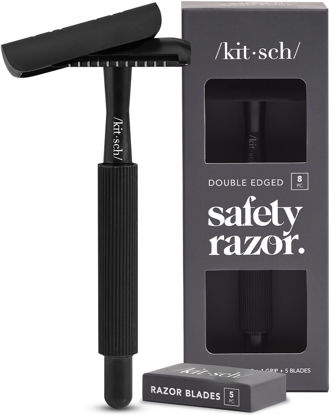 Picture of Kitsch Double Edge Safety Razor for Women & Men, with 5 Safety Razor Blades Refills, Extra-Long Hande & Silicone Cap, One Blade Razor for Shaving, Reusable Travel Essentials Single Blade Razor, Black