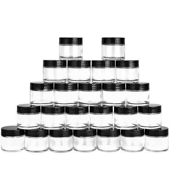 Picture of 2oz Glass Jars 24 Pack, Hoa Kinh Mini Round Clear Glass Jars with Inner Liners and Black Lids, Perfect for Storing Lotions, Powders and Ointments.