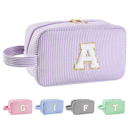 Picture of Huifen Personalized Initial Makeup Bag A-Z, Travel Toiletry Bag Cute Makeup Pouch Cosmetic Bag Preppy Make Up Bag Large Makeup Organizer Bags Birthday Gifts for Women Girls Friends (Purple, A)