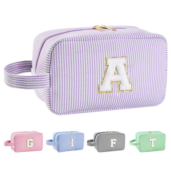 Picture of Huifen Personalized Initial Makeup Bag A-Z, Travel Toiletry Bag Cute Makeup Pouch Cosmetic Bag Preppy Make Up Bag Large Makeup Organizer Bags Birthday Gifts for Women Girls Friends (Purple, A)