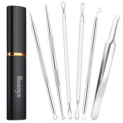 Picture of Boxoyx Pimple Popper Tool Kit - 6 Pcs Blackhead Remover Comedone Extractor Tool Kit with Metal Case for Quick and Easy Removal of Pimples, Blackheads, Zit Removing, Forehead, Facial and Nose(Silver)