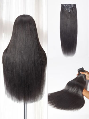 Picture of LUVME Clip in Hair Extensions, Yaki Straight Human Hair Clip in Extensions for Women, Natural Black Hair Extensions, 135g 9pcs 18 Inch