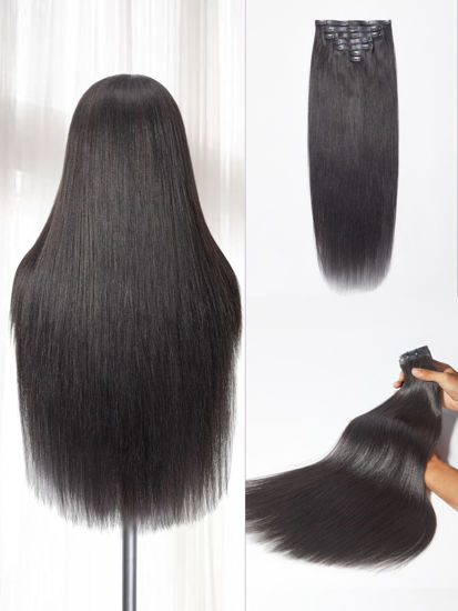 Picture of LUVME Clip in Hair Extensions, Yaki Straight Human Hair Clip in Extensions for Women, Natural Black Hair Extensions, 135g 9pcs 18 Inch