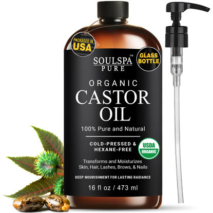 Picture of Organic Castor Oil Glass Bottle for Hair Growth, Face, Scalp, Skin | USDA Certified | 100% Pure Castor Oil Organic Cold Pressed Unrefined, Moisturizing & Multipurpose Castor Oil for Face - 16 fl oz