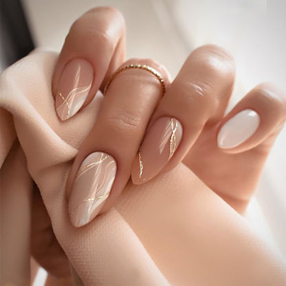Picture of Almond Press on Nails Medium Fake Nails Glitter Gold Line Design Glue on Nails White False Nails Full Cover Nude Acrylic Nails Glossy Stick on Nails Fall Artificial Nails for Women Manicure 24Pcs