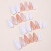 Picture of Almond Press on Nails Medium Fake Nails Glitter Gold Line Design Glue on Nails White False Nails Full Cover Nude Acrylic Nails Glossy Stick on Nails Fall Artificial Nails for Women Manicure 24Pcs
