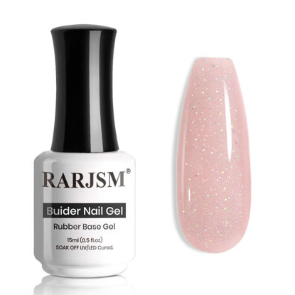Picture of RARJSM Nude Glitter Rubber Base Gel Nail Polish Icy Jelly Pink Rainbow Shimmer Rubber Base Gel for Nails Iridescent Brush on Quick Extend Builder Hard Gel Soak Off Curing Requires 15ml French Manicure
