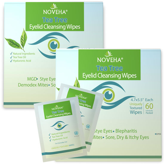 Picture of NOVEHA 120Pcs Tea Tree Oil Eyelid & Lash Wipes With Hyaluronic Acid, Green Tea & Chamomile For Blepharitis & Itchy Eyes, Individually Wrapped Eyelash Wipes, Natural Makeup Remover & Cleanser (2 Pack)