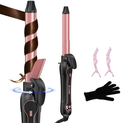 Picture of Rotating Curling Iron 1 Inch - Automatic Curling Iron Dual Voltage for All Hair Type, Fast & Effortless Auto Curling Wand with Fast Heating LCD Display 250°F-450°F for Lasting Beach Waves (Pink)