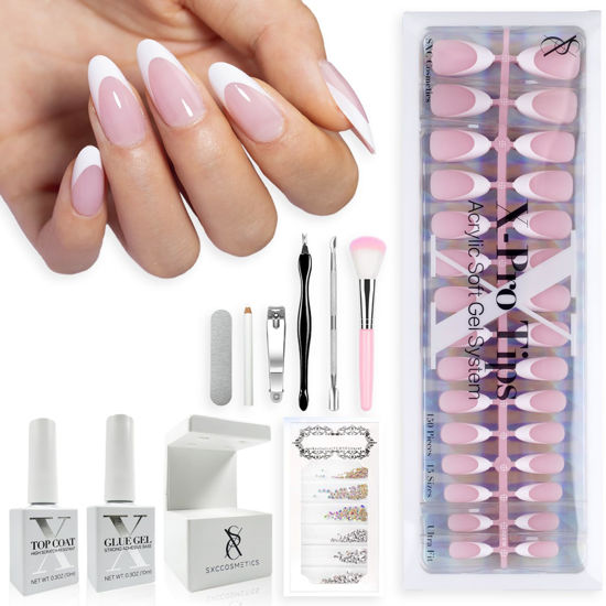 Picture of SXC Cosmetics French Tip Press On Nails Pink Series, Medium Almond X-Pro Tips Starter Kit