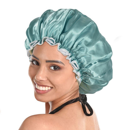 Picture of Luvruitaky Shower Cap Large Shower Cap for Women Reusable Waterproof 13 Inches Double Layer Bath Hair Caps Lake Bule Oversized Adjustable Design for All Hair Lengths