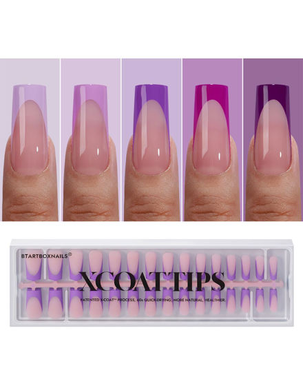 Picture of BTArtboxnails XCOATTIPS Purple French Tip Press On Nails - Long Press On Nails Square, Soft Gel Nail Tips, 150Pcs Soak Off Acrylic Pink Fake Nail Extension in 15 Sizes