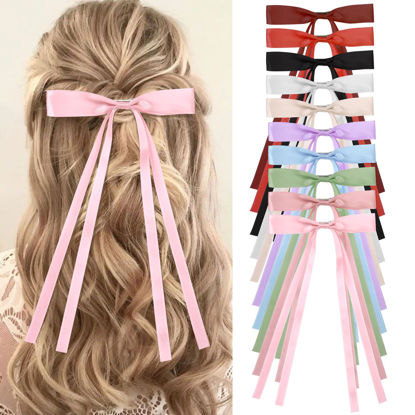 Picture of Vodolo Hair Bows for Women,10 PCS Large Bow Hair Clips Tassel Ribbon Bowknot With Long Tail,Ribbon Hair Bows Barrettes for Thick Thin Hair,Nonslip Hair Accessories Christmas Birthday Gifts
