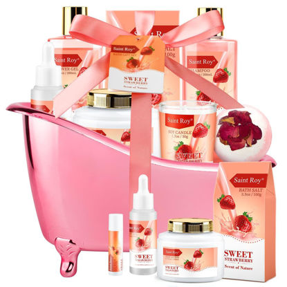 Picture of Valentines Day Gifts for Her Gift Baskets for Women, Saint Roy Spa Gifts for Mom Strawberry Scent - Rich in Jojoba Oil & Shea Butter with Body Lotion, Bath Bomb, Care Package for Women, Birthday Gift