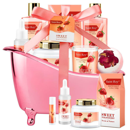 Picture of Valentines Day Gifts for Her Gift Baskets for Women, Saint Roy Spa Gifts for Mom Strawberry Scent - Rich in Jojoba Oil & Shea Butter with Body Lotion, Bath Bomb, Care Package for Women, Birthday Gift