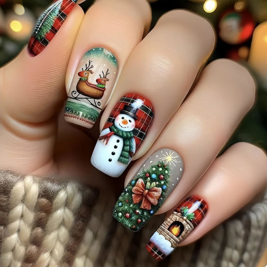 Picture of Christmas Press on Nails Medium Square Shaped Fake Nails with Winter Snowman Elk Xmas Tree Design Glossy False Nails Full Cover Acrylic Christmas Nails Stick on Nails for Women Manicure Decor 24 Pcs