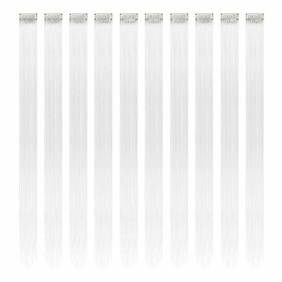 Picture of RINBOOOL White Hair Extensions Clip in, 22 Inch 10 Pcs Long Straight Colored, for Kids Girls Women Highlights Party, Synthetic