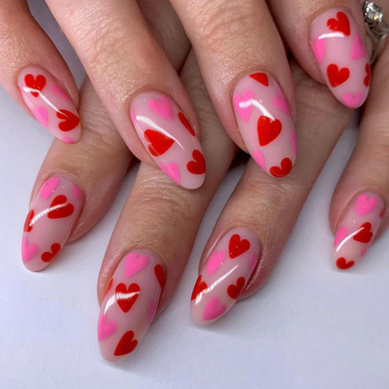 Picture of Valentines Press on Nails Medium Almond Fake Nails with Pink Red Heart Designs Kiss False Nails Glossy Heart Nails Reusable Valentines Day Nails for Women Girls Holiday Manicure 24pcs