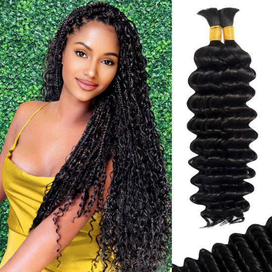 Picture of Human Braiding Hair for Boho Braids, Deep Wave Bulk Boho Braids Human Hair for Boho Knotless Braids Curly Bohemian Water Wave Boho Hair for Braiding 70g 16 Inch Natural Color (2 No Weft Bundles/Pack)