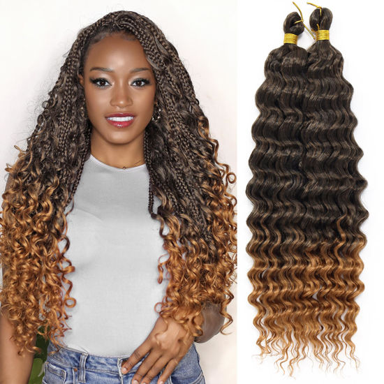 Picture of Eerya Long Curly Braiding Hair 18 Inch 2 Packs Ocean Wave Crochet Hair for Black Women Deep Wave Braiding Hair for Boho Braids（18 inch, T1B/30）