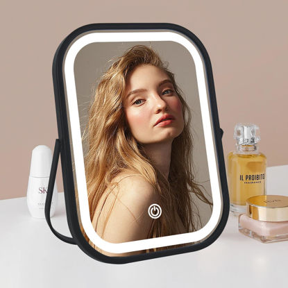 Picture of YEKKOPT Travel Mirror with Lights, Small LED Makeup Mirror with Lights,Portable Desk Mirror 1200mAh Battery,3 Color Modes,Dimmable Touch Screen, Tabletop Folding Compact Mirror,Women Gift