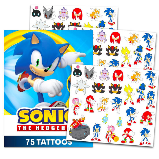 Picture of Sonic Temporary Tattoos for Kids and Adults - 75 Sonic the Hedgehog Tattoos For Party Favors Goodie Bags and More (Sonic Party Supplies Bundle)