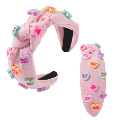 Picture of Valentine's Day Heart Candy Embellished Pink Headband Conversation Love Heart Charm Knotted Headband Non Slip Wide Top Knot Fashion Hairband Hair Accessories Party Gift for Women (pink)