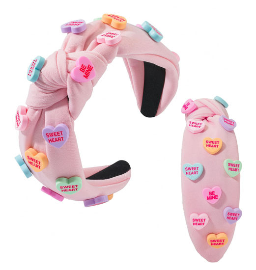 Picture of Valentine's Day Heart Candy Embellished Pink Headband Conversation Love Heart Charm Knotted Headband Non Slip Wide Top Knot Fashion Hairband Hair Accessories Party Gift for Women (pink)