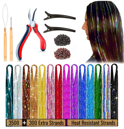 Picture of Andou | 14 Colors | 3500 Strands | Heat Resistant Hair Tinsel Kit For Girls, Women & Kids | 48 Inch | One Wooden Threader & Crochet | One Plier | Two Hair Clips | Two Hundred Beads